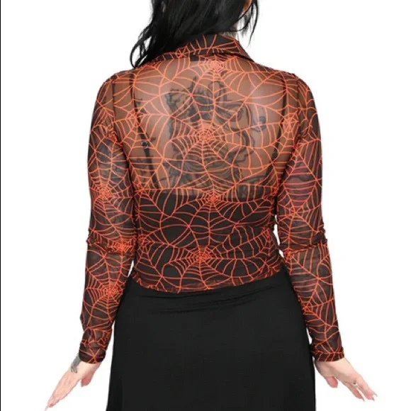 Foxblood Cobweb Mesh Button Up Top black orange - Picture 3 of 9